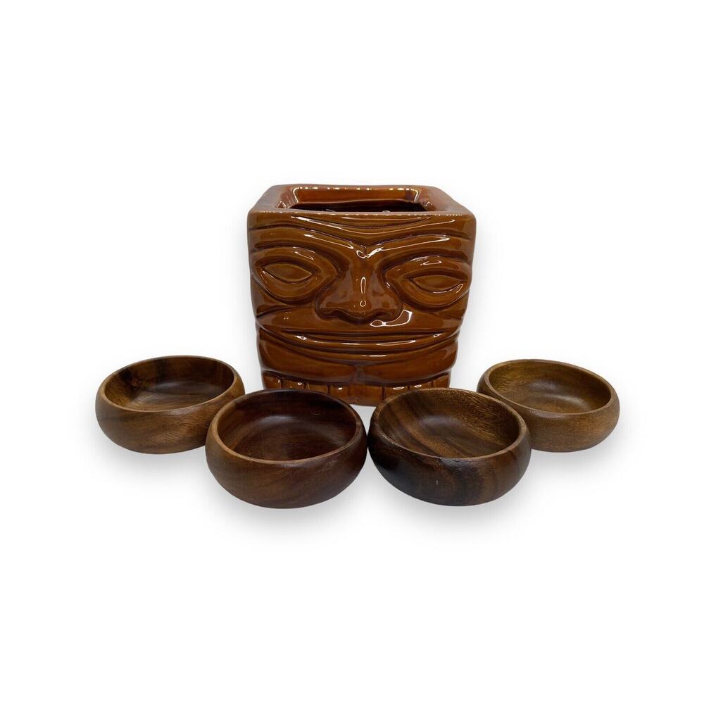 Vintage Ceramic Tiki Planter Bowl No‎ Markings With Coaster Set